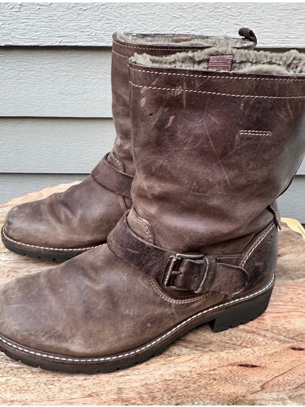 Ecco Women’s Brown Leather Shearling-Lined Motorcycle Buckle Boots 38 NWOT
